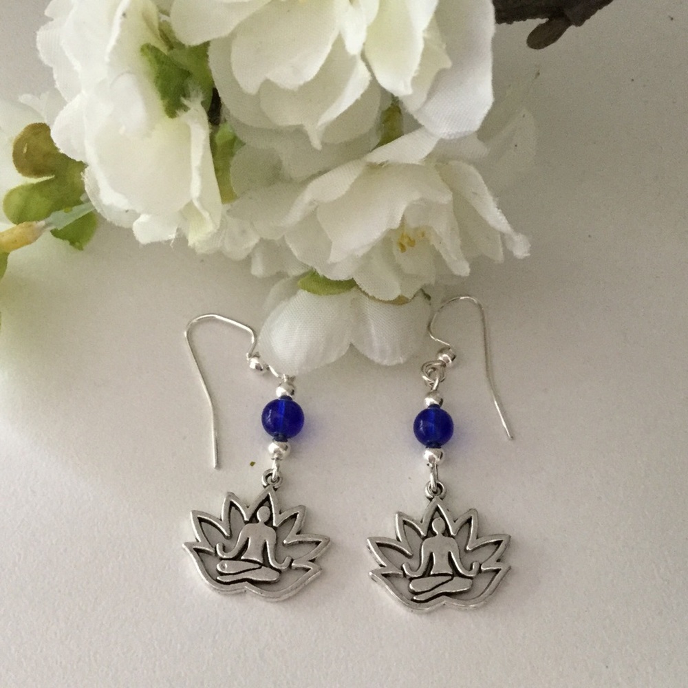 Yoga Earrings, Lotus Earrings, Cobalt Blue Earring - Picture 5 of 7